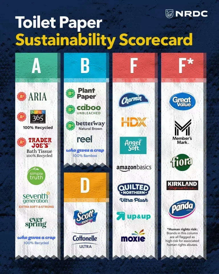 NRDC 2026 Toilet Paper Sustainability Scorecard showing Betterway Natural Brown with a B+ grade