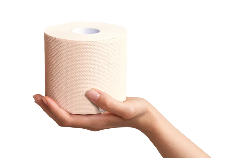 An open hand holding out a roll of unbleached bamboo toilet paper